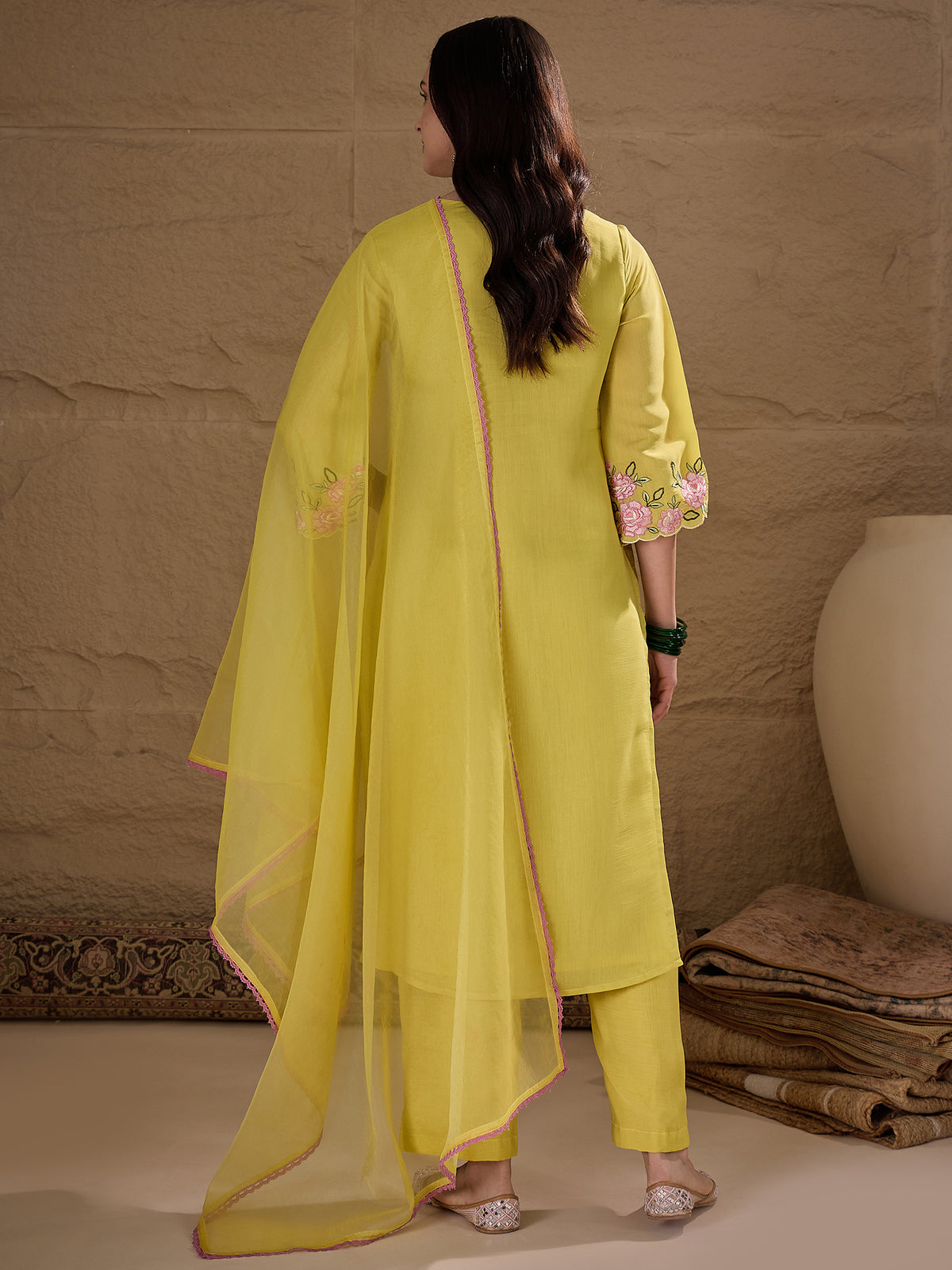 Yellow Embroidered Kurta Pant Set with Organza Dupatta for Women
