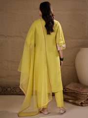 Yellow Embroidered Kurta Pant Set with Organza Dupatta for Women