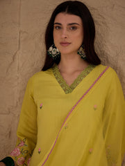 Yellow Embroidered Kurta Pant Set with Organza Dupatta for Women