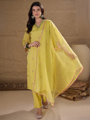 Yellow Embroidered Kurta Pant Set with Organza Dupatta for Women