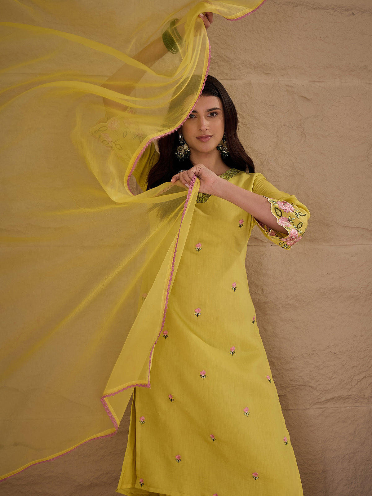 Yellow Embroidered Kurta Pant Set with Organza Dupatta for Women