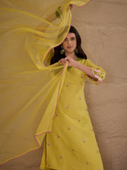 Yellow Embroidered Kurta Pant Set with Organza Dupatta for Women