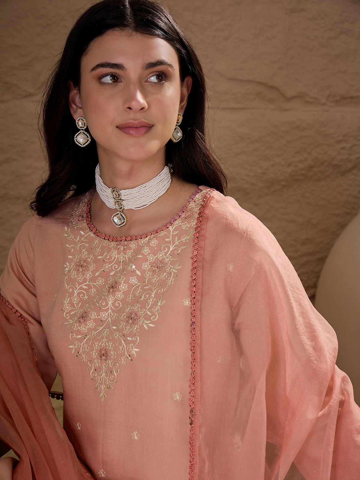 Elegant Peach Embroidered Kurta Set with Dupatta for Women | Festive Ethnic Wear Suit Set