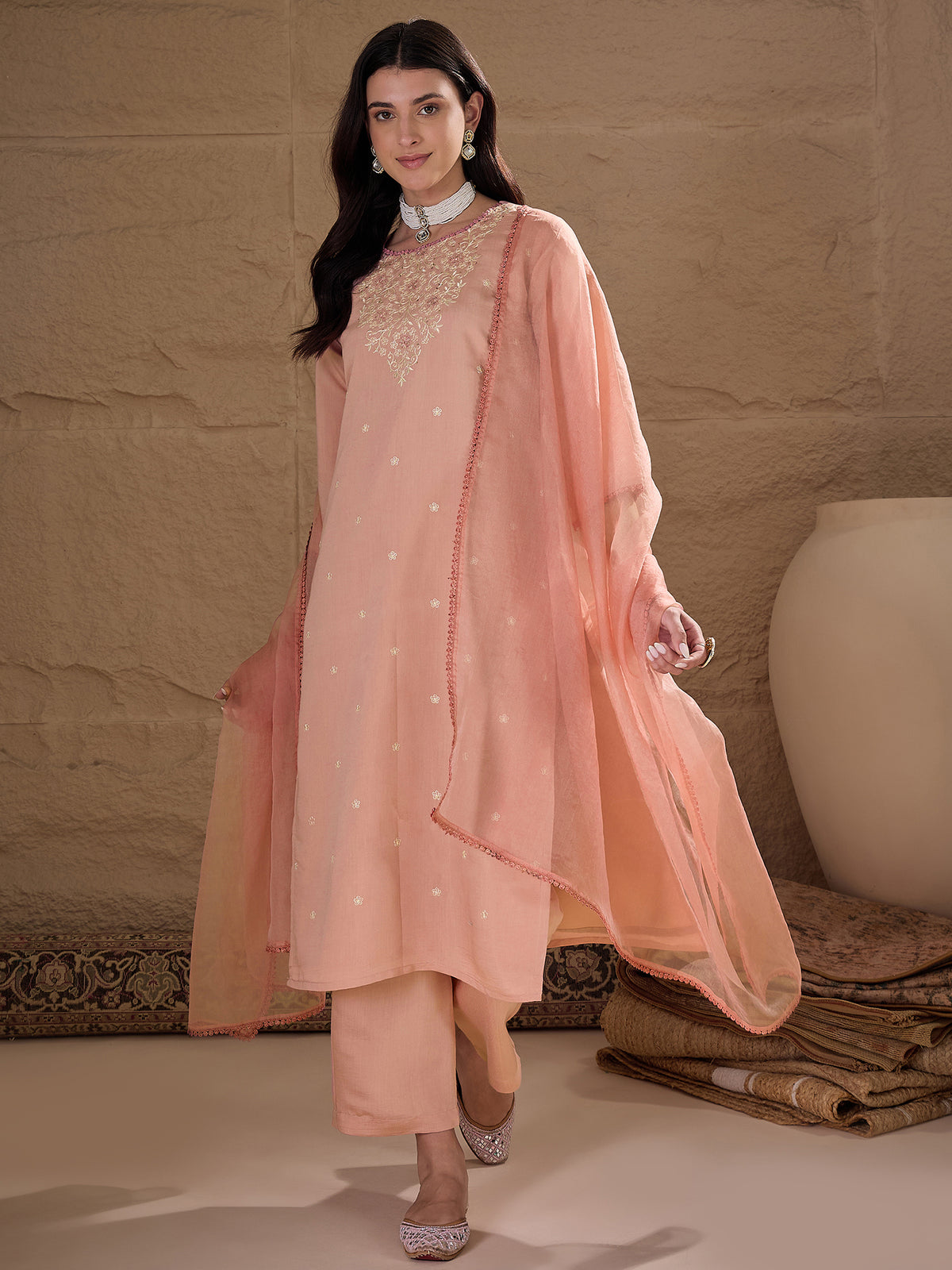 Elegant Peach Embroidered Kurta Set with Dupatta for Women | Festive Ethnic Wear Suit Set