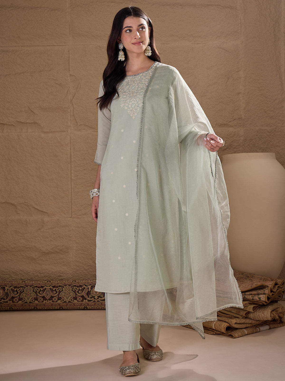 Elegant Pistachio Green Embroidered Kurta Set with Dupatta for Women | Festive & Ethnic Wear