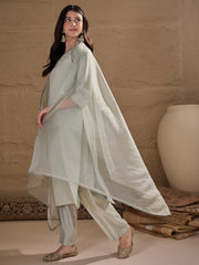 Elegant Pistachio Green Embroidered Kurta Set with Dupatta for Women | Festive & Ethnic Wear
