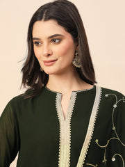 Elegant Dark Green Embroidered Kurta Pant Set with Dupatta for Women | Festive & Ethnic Wear