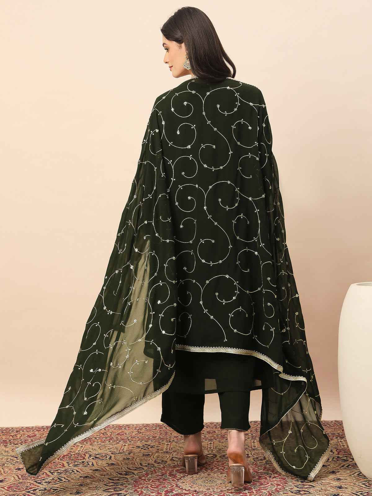 Elegant Dark Green Embroidered Kurta Pant Set with Dupatta for Women | Festive & Ethnic Wear