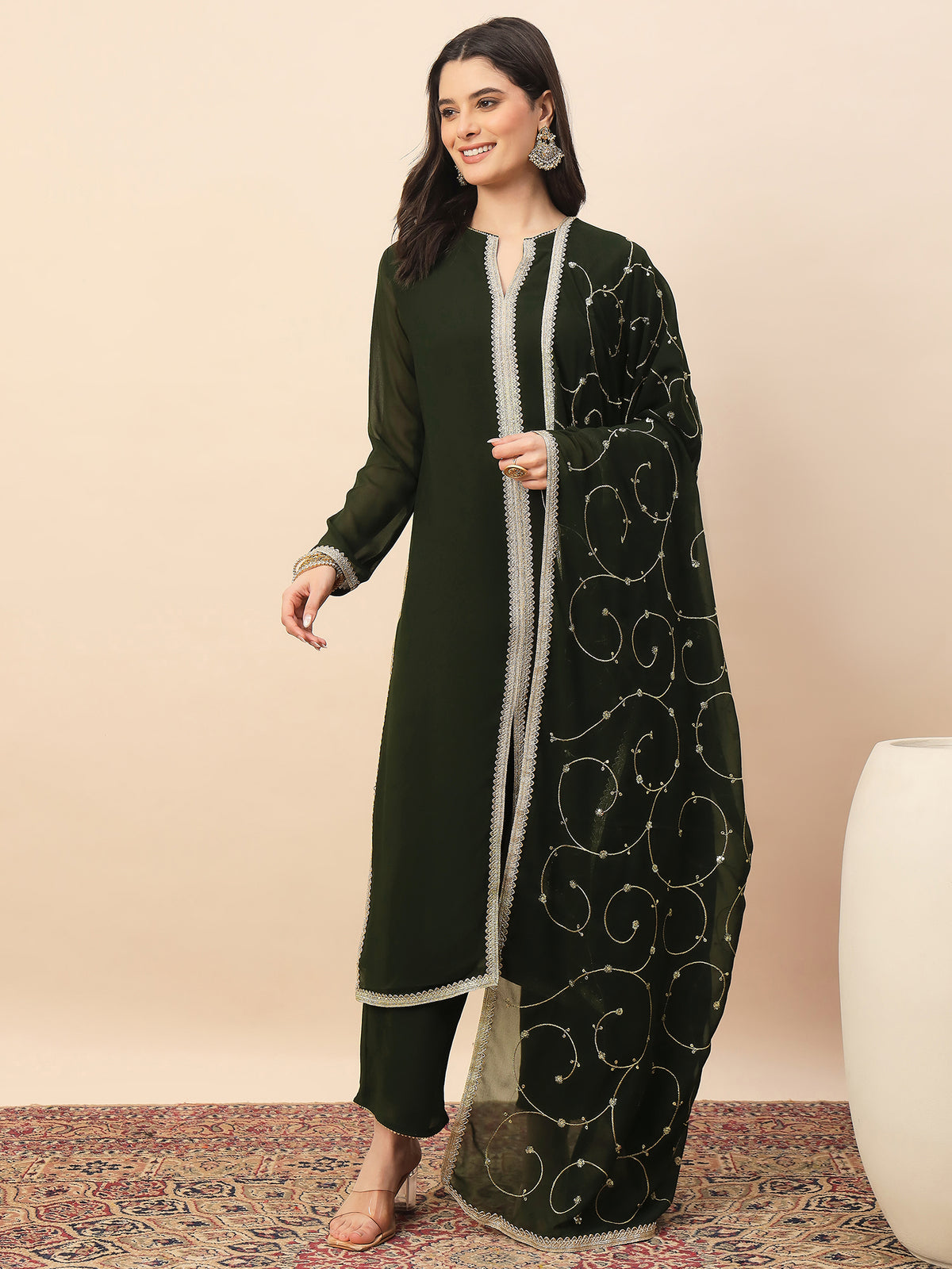 Elegant Dark Green Embroidered Kurta Pant Set with Dupatta for Women | Festive & Ethnic Wear