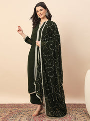 Elegant Dark Green Embroidered Kurta Pant Set with Dupatta for Women | Festive & Ethnic Wear