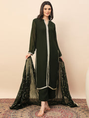 Elegant Dark Green Embroidered Kurta Pant Set with Dupatta for Women | Festive & Ethnic Wear