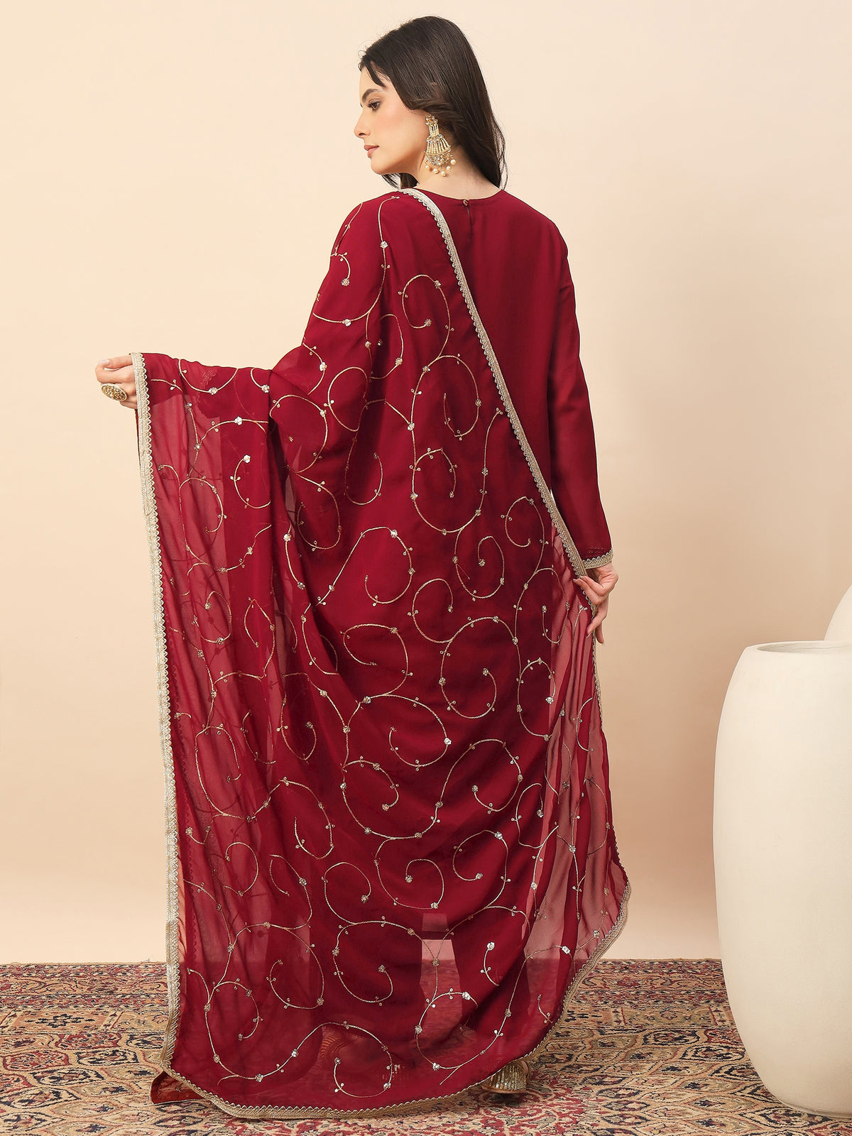 Elegant Maroon Embroidered Kurta Pant Set with Dupatta for Women | Festive Party Wear Ethnic Suit