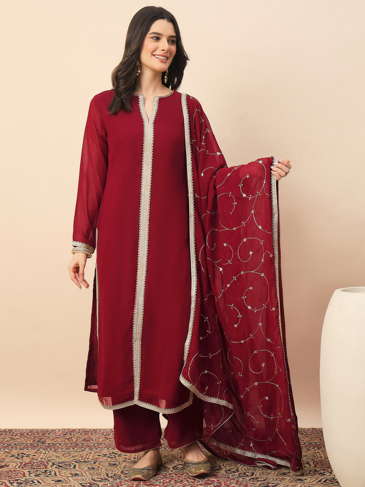 Elegant Maroon Embroidered Kurta Pant Set with Dupatta for Women | Festive Party Wear Ethnic Suit