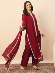 Elegant Maroon Embroidered Kurta Pant Set with Dupatta for Women | Festive Party Wear Ethnic Suit
