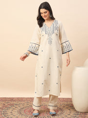 Elegant Off-White Embroidered Cotton Kurta Pant Set with Dupatta for Women