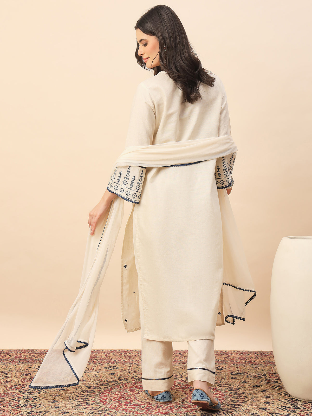 Elegant Off-White Embroidered Cotton Kurta Pant Set with Dupatta for Women