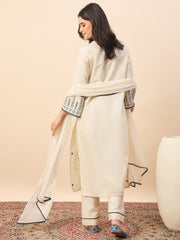 Elegant Off-White Embroidered Cotton Kurta Pant Set with Dupatta for Women