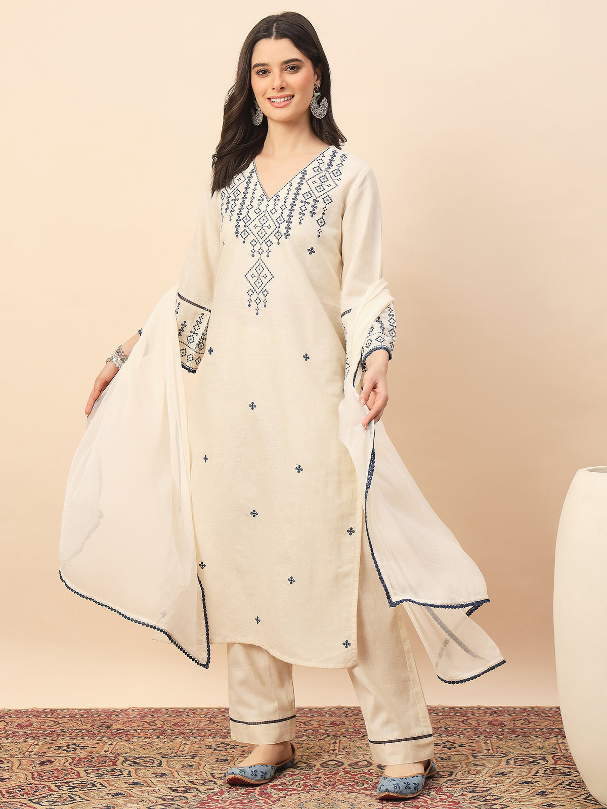 Elegant Off-White Embroidered Cotton Kurta Pant Set with Dupatta for Women