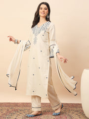 Elegant Off-White Embroidered Cotton Kurta Pant Set with Dupatta for Women