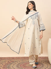 Elegant Off-White Embroidered Cotton Kurta Pant Set with Dupatta for Women