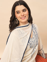 Elegant Off-White Embroidered Cotton Kurta Pant Set with Dupatta for Women