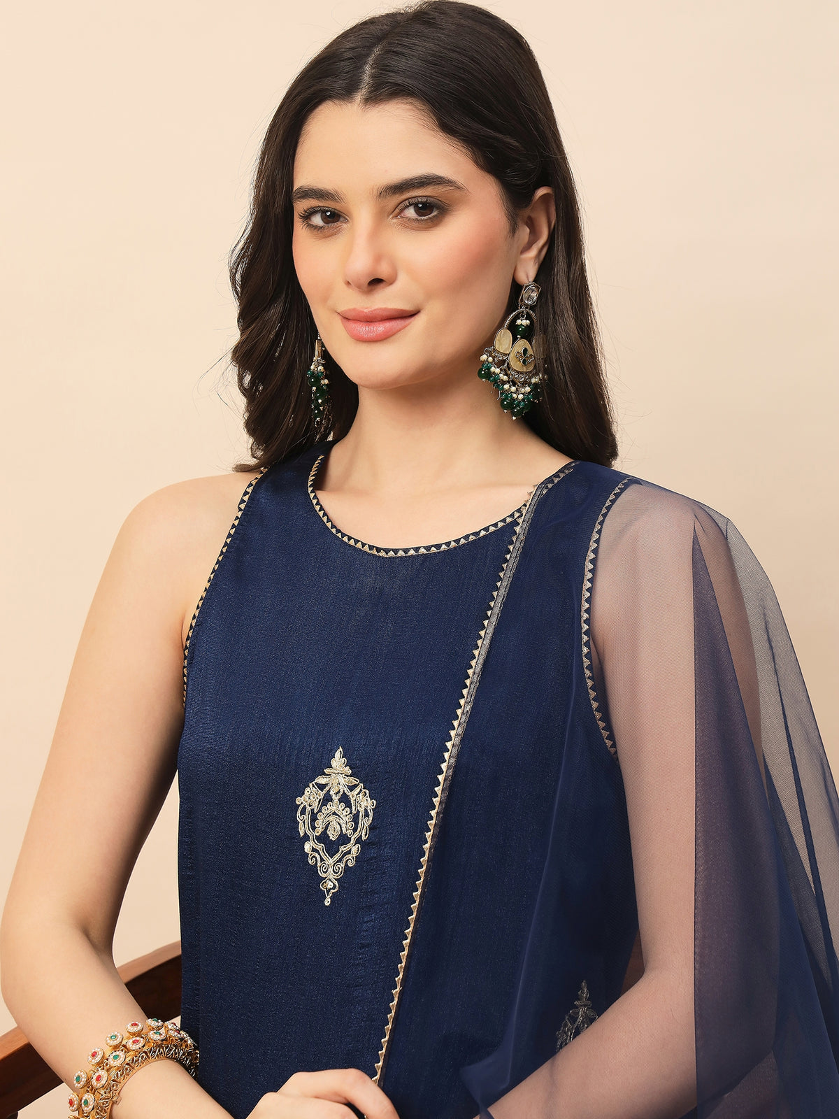 Navy Blue Embroidered Kurta Palazzo Set with Organza Dupatta for Women