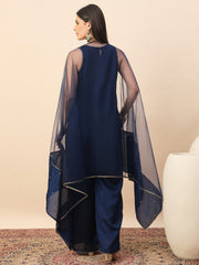 Navy Blue Embroidered Kurta Palazzo Set with Organza Dupatta for Women