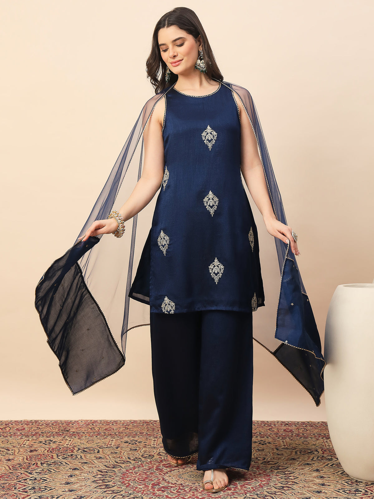 Navy Blue Embroidered Kurta Palazzo Set with Organza Dupatta for Women