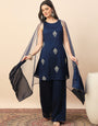 Navy Blue Embroidered Kurta Palazzo Set with Organza Dupatta for Women
