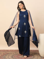 Navy Blue Embroidered Kurta Palazzo Set with Organza Dupatta for Women