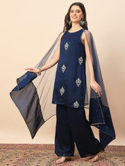 Navy Blue Embroidered Kurta Palazzo Set with Organza Dupatta for Women