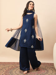 Navy Blue Embroidered Kurta Palazzo Set with Organza Dupatta for Women