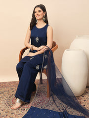 Navy Blue Embroidered Kurta Palazzo Set with Organza Dupatta for Women