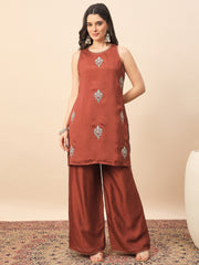 Rust Embroidered Kurta Palazzo Set with Organza Dupatta for Women
