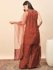Rust Embroidered Kurta Palazzo Set with Organza Dupatta for Women