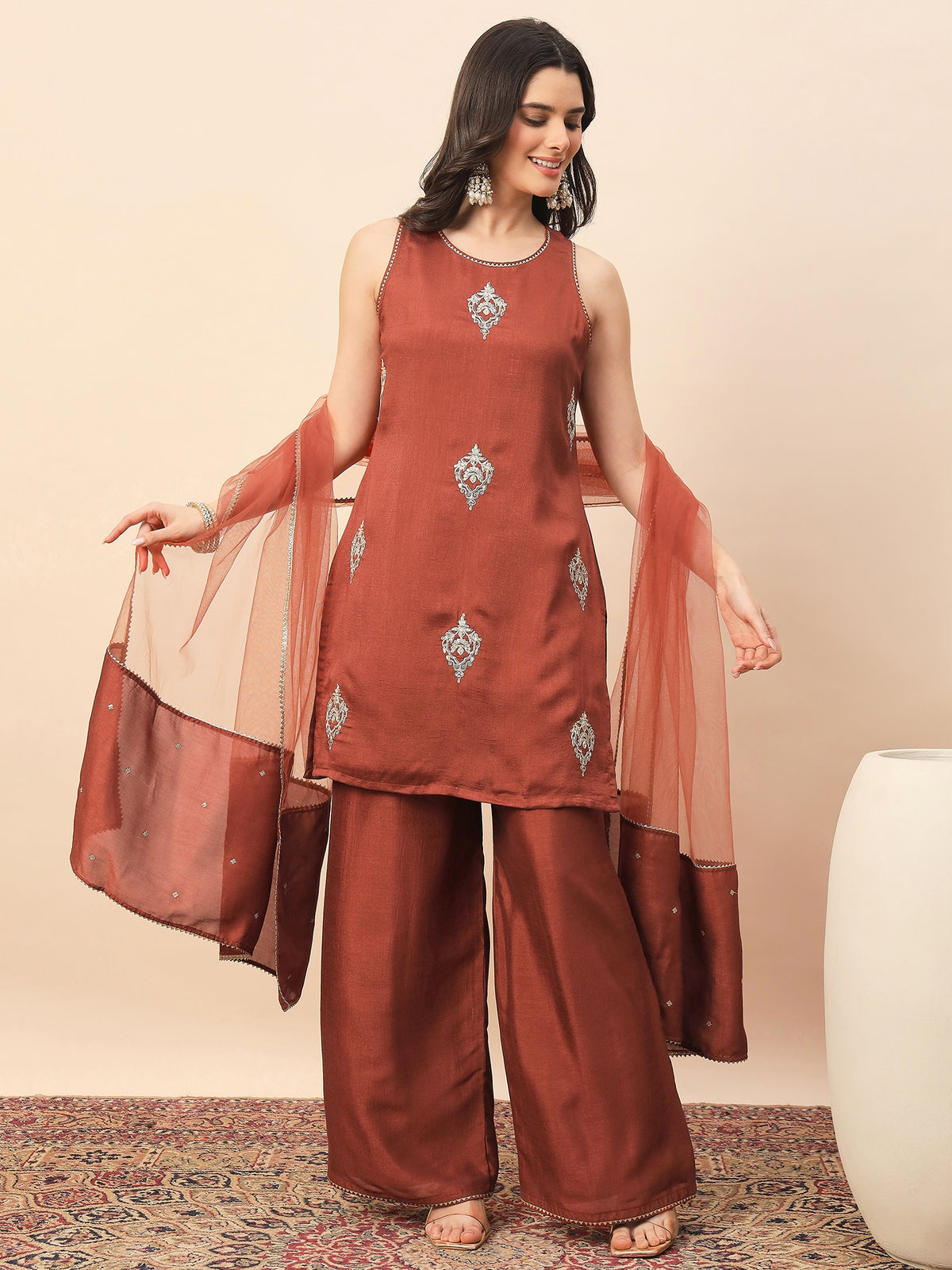 Rust Embroidered Kurta Palazzo Set with Organza Dupatta for Women