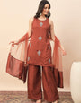 Rust Embroidered Kurta Palazzo Set with Organza Dupatta for Women
