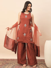 Rust Embroidered Kurta Palazzo Set with Organza Dupatta for Women