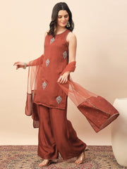 Rust Embroidered Kurta Palazzo Set with Organza Dupatta for Women