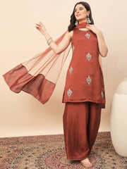 Rust Embroidered Kurta Palazzo Set with Organza Dupatta for Women