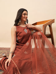 Rust Embroidered Kurta Palazzo Set with Organza Dupatta for Women