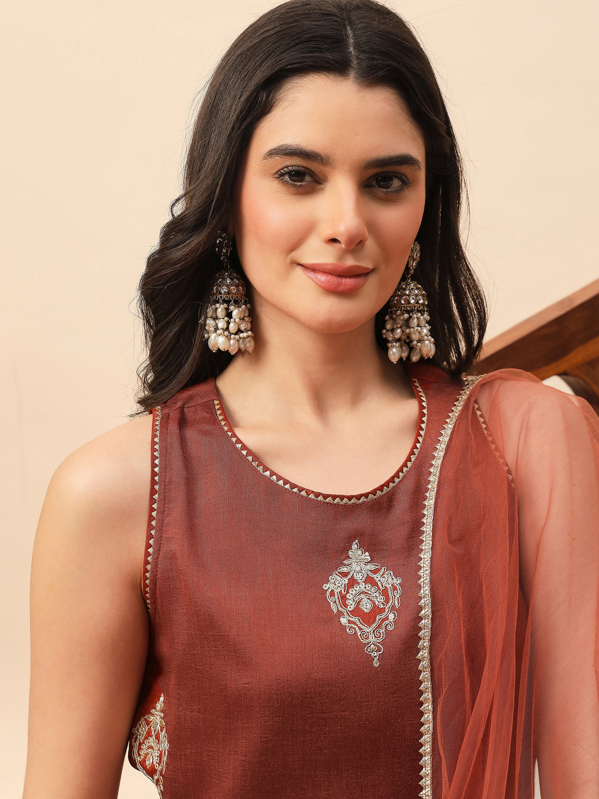 Rust Embroidered Kurta Palazzo Set with Organza Dupatta for Women