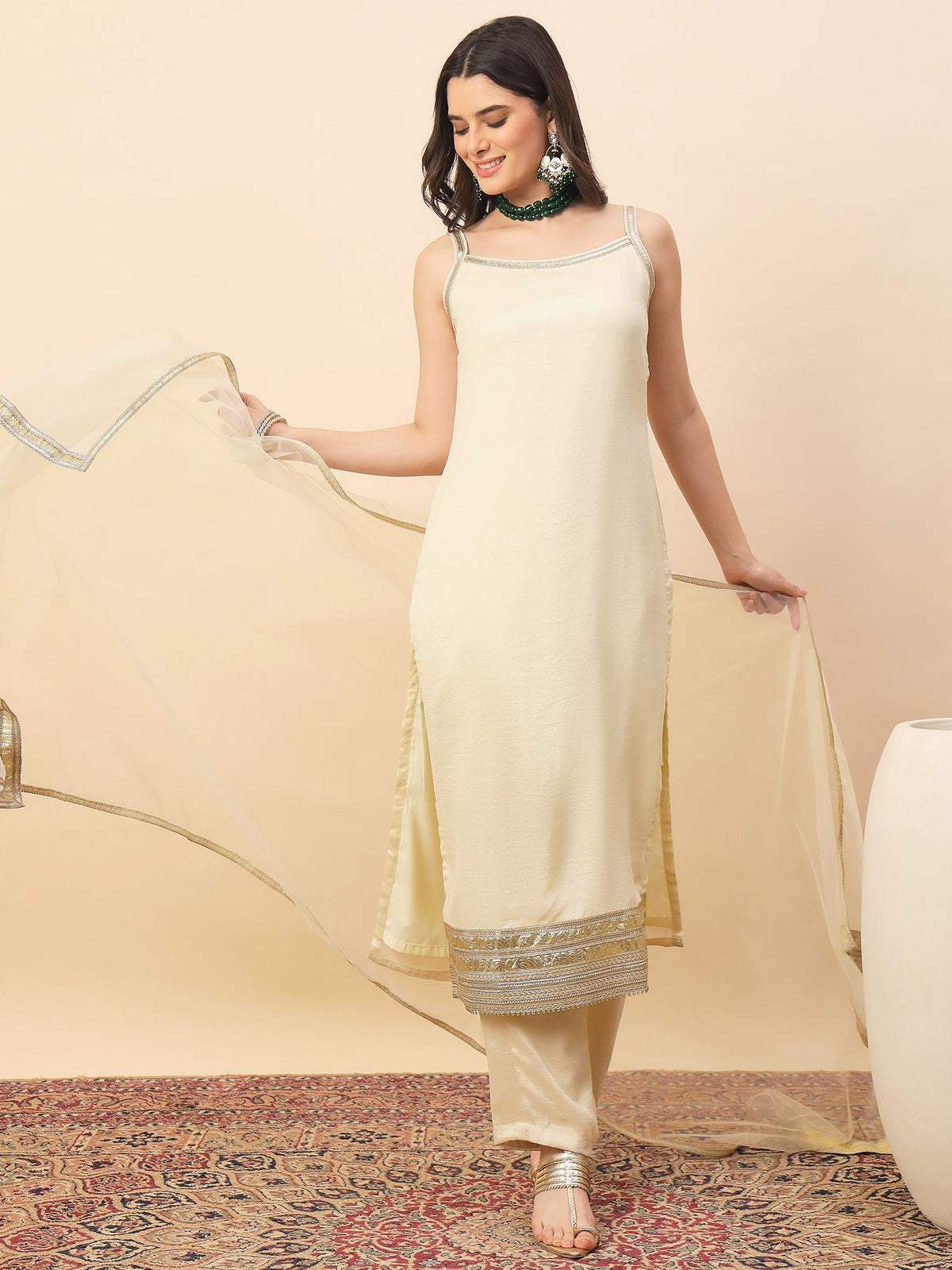 Off White Straight Kurta Pant Set with Organza Dupatta for Women