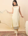 Off White Straight Kurta Pant Set with Organza Dupatta for Women
