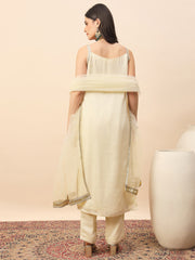 Off White Straight Kurta Pant Set with Organza Dupatta for Women