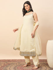Off White Straight Kurta Pant Set with Organza Dupatta for Women