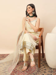 Off White Straight Kurta Pant Set with Organza Dupatta for Women
