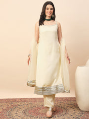Off White Straight Kurta Pant Set with Organza Dupatta for Women