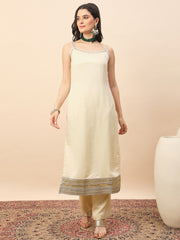 Off White Straight Kurta Pant Set with Organza Dupatta for Women