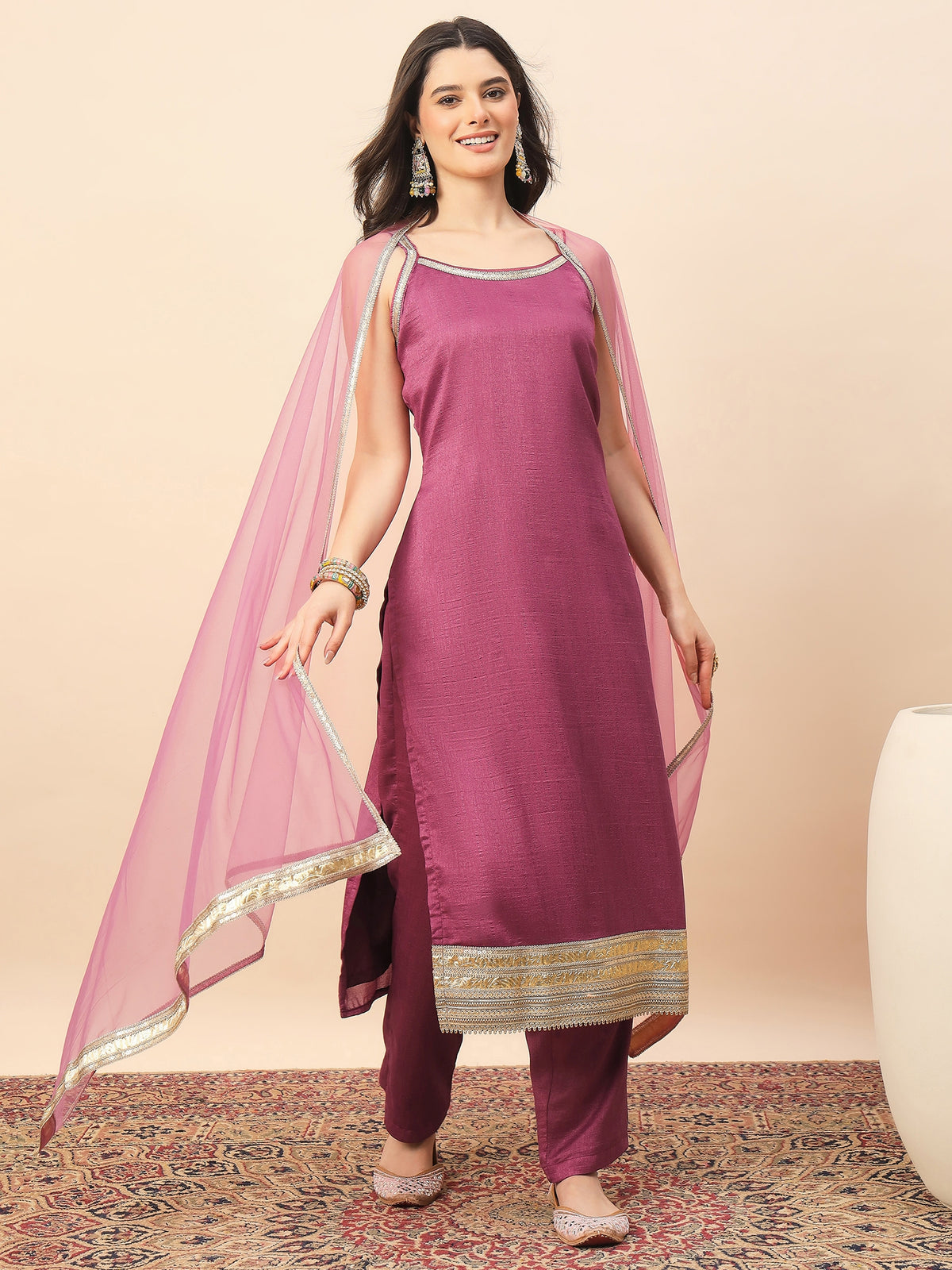 Dusty Pink Straight Kurta Pant Set with Organza Dupatta for Women